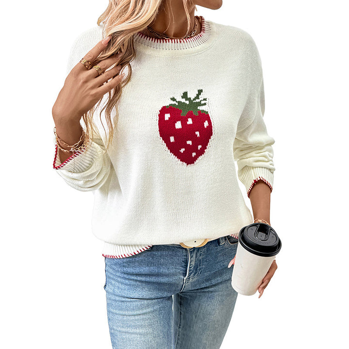 Damen Strickpullover mit fruchtigem Erdbeer-Motiv und lässigem Schnitt Drune
