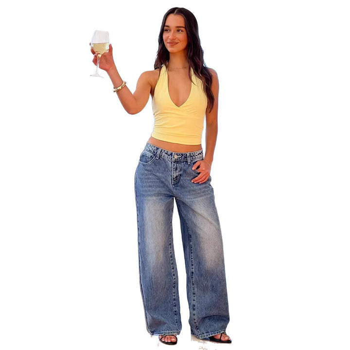 Damen Weit geschnittene Jeans mit hohem Bund und lässigem Stil Drune