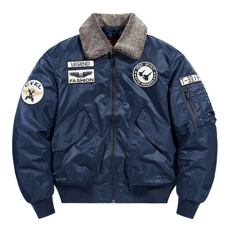 Herren -isolierte Pilot-Aviator-Bomberjacke mit Kunstschaffellkragen, Patches, Applikationen und einer Utility-Tasche am Ärmel Drune