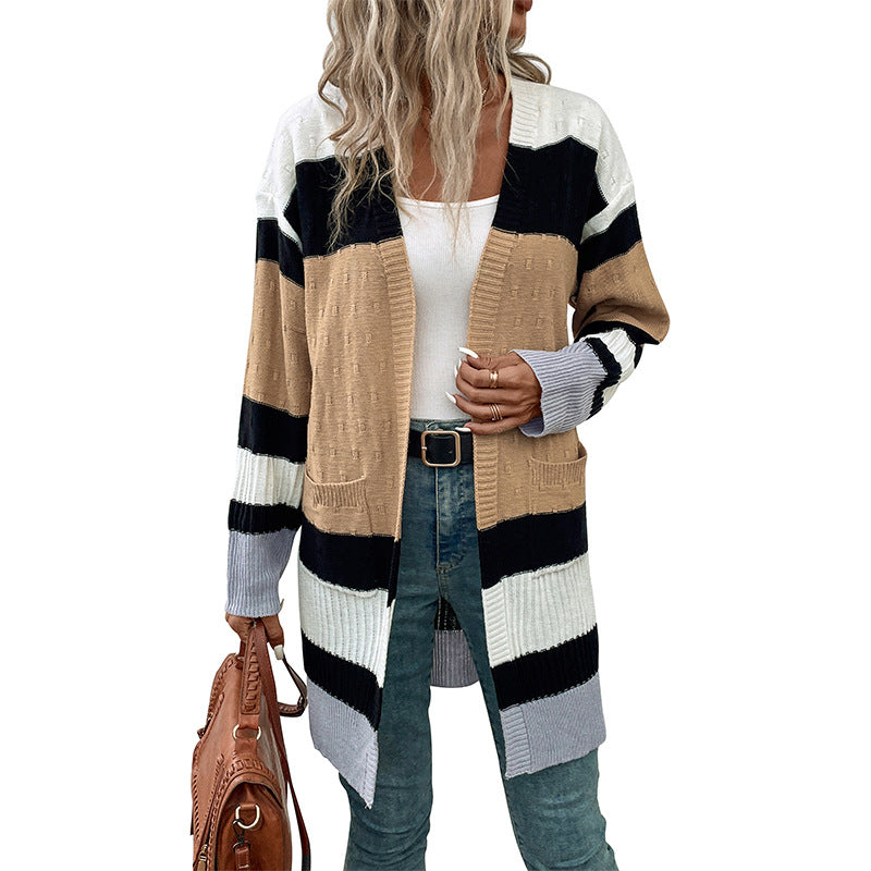 Damen Langer Strickcardigan mit modischem Streifenmuster und Taschen Drune