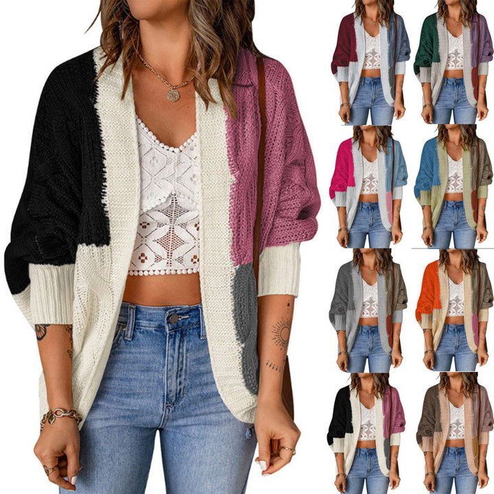 Damen nan lässige Strickjacke im Patchwork-Stil mit offener Front und 3/4-Ärmeln Drune