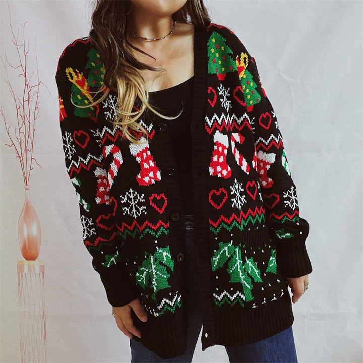 Damen Weihnachts-Strickjacke mit festlichem Design und knöpfbarem Schnitt Drune