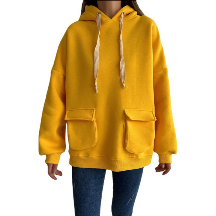 Damen nan Oversize-Kapuzenpullover mit aufgesetzten Klappentaschen und extra-langen Kordeln Drune