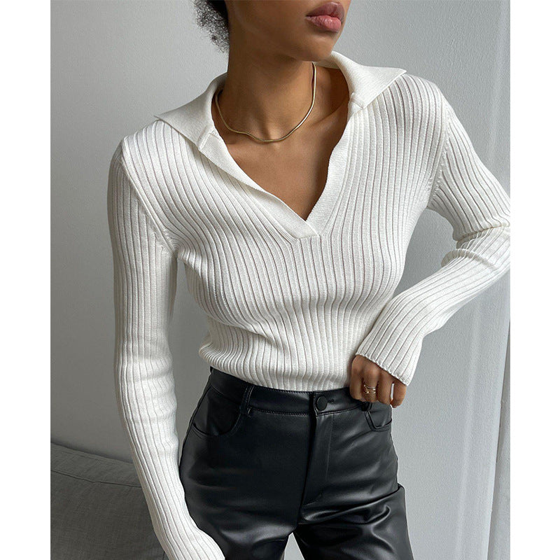 Damen Eleganter, gerippter Pullover mit tiefem V-Ausschnitt Drune