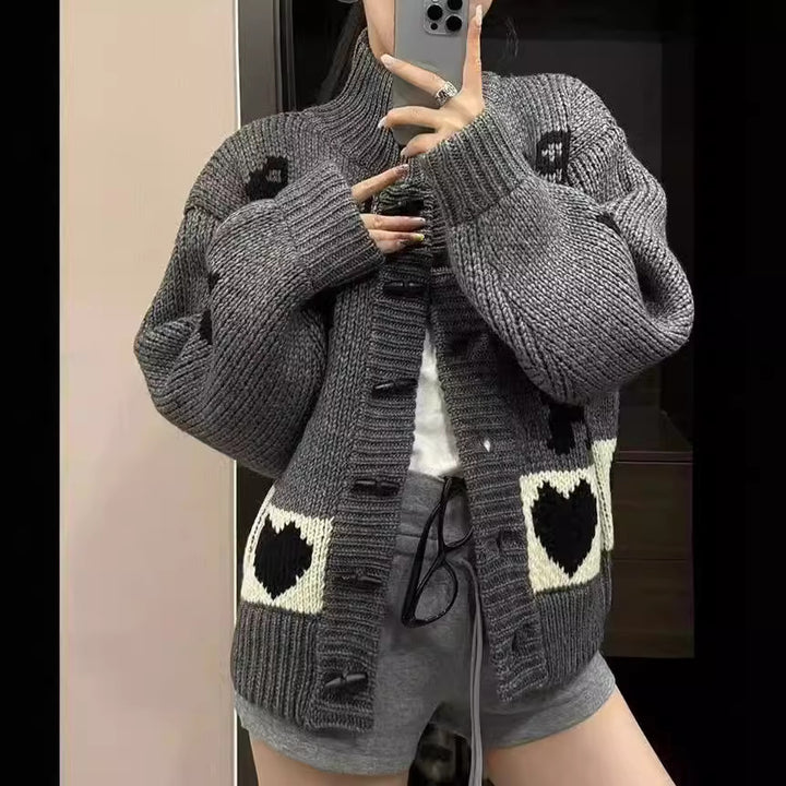 Damen Strickjacke mit trendigem Tiermotifs und hoher Kragen Drune