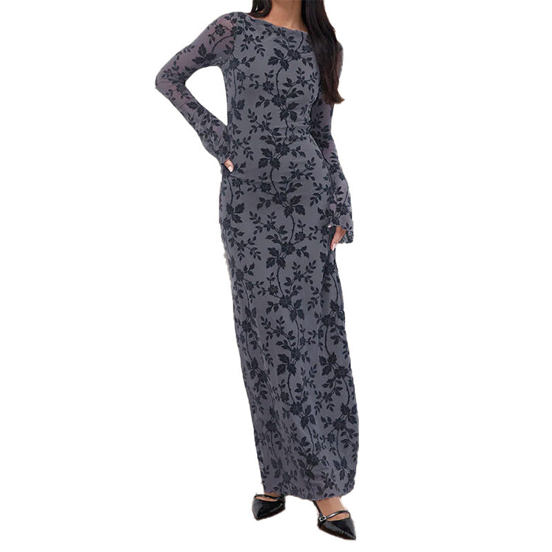 Damen elegantes Maxikleid mit floralen Applikationen und transparenten Ärmel Drune