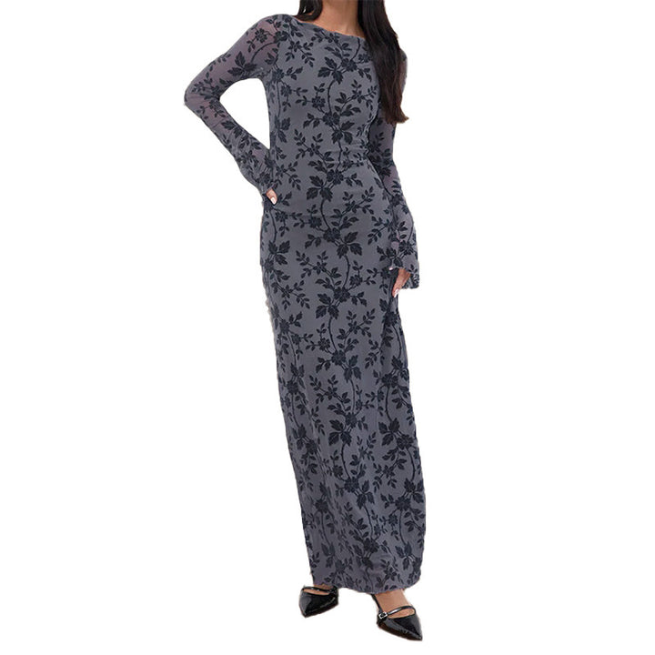 Damen elegantes Maxikleid mit floralen Applikationen und transparenten Ärmel Drune