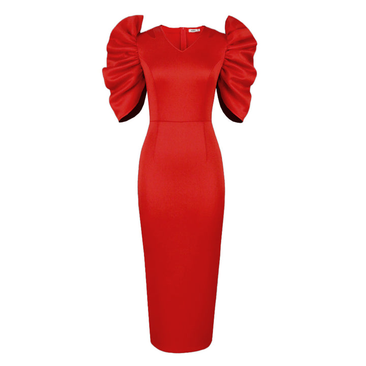 Damen Elegantes Midi-Kleid mit voluminösen Puffärmeln Drune