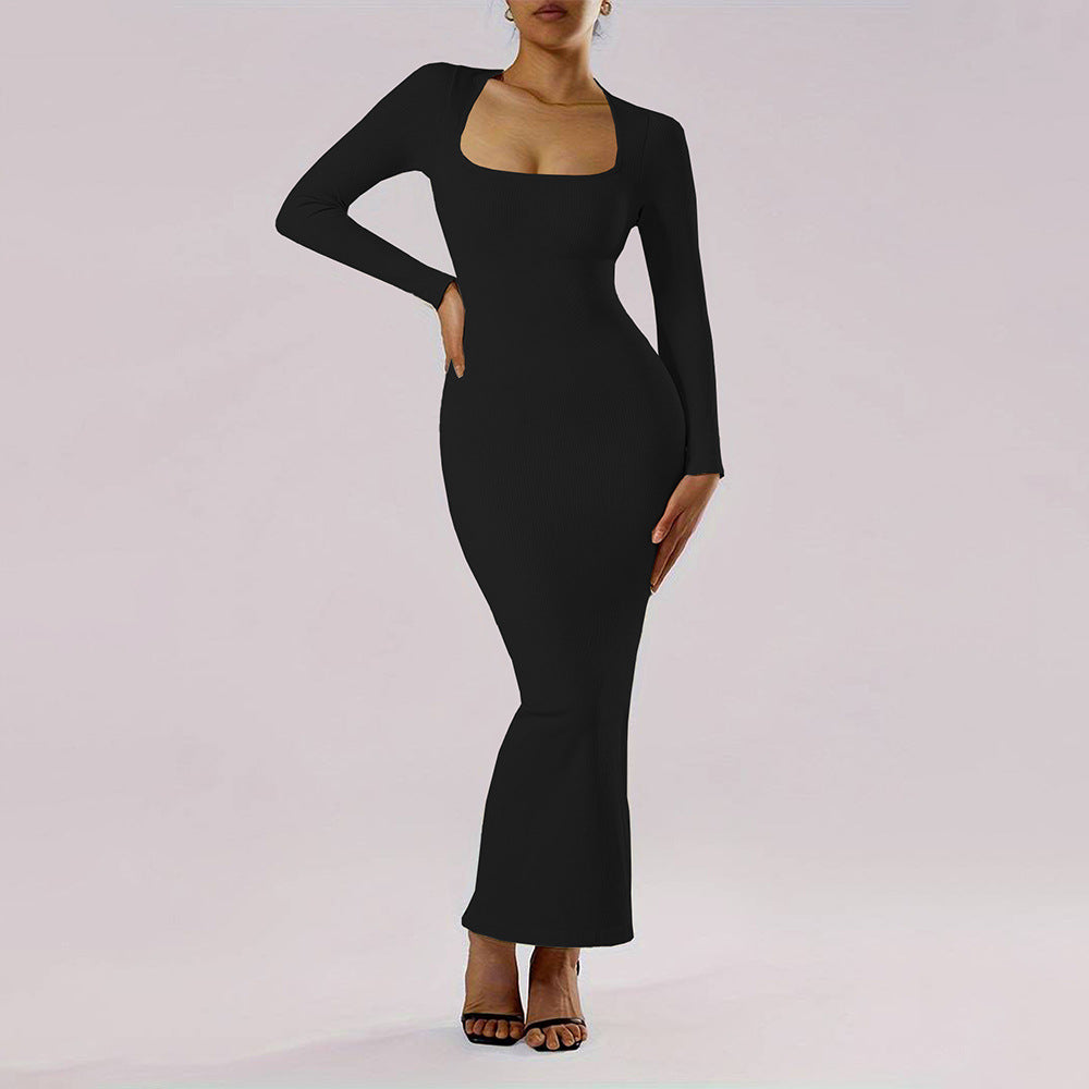 Damen Langarm Maxikleid mit tiefem Ausschnitt und figurfreundlichem Schnitt Drune