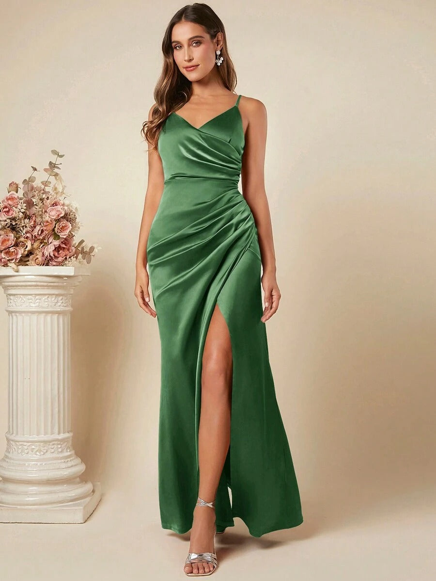Damen Elegantes Wickelkleid mit hoher Beinschlitze und schmalen Trägern Drune