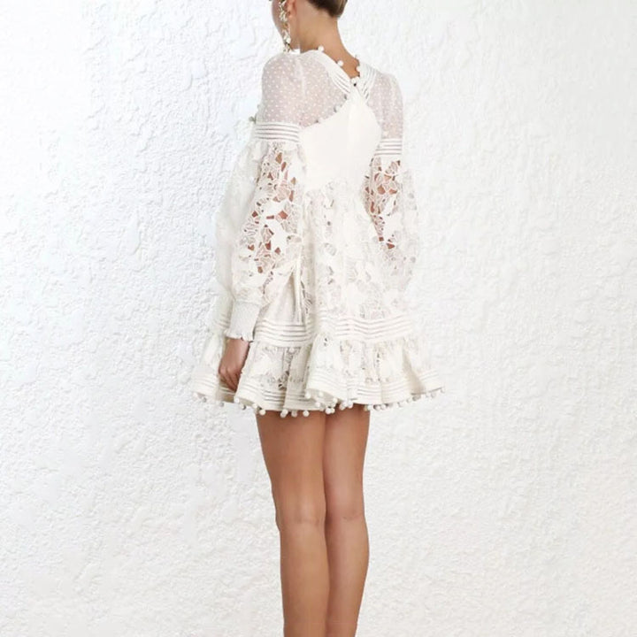 Damen Volantkleid mit Blumenspitze und Puffärmeln Drune