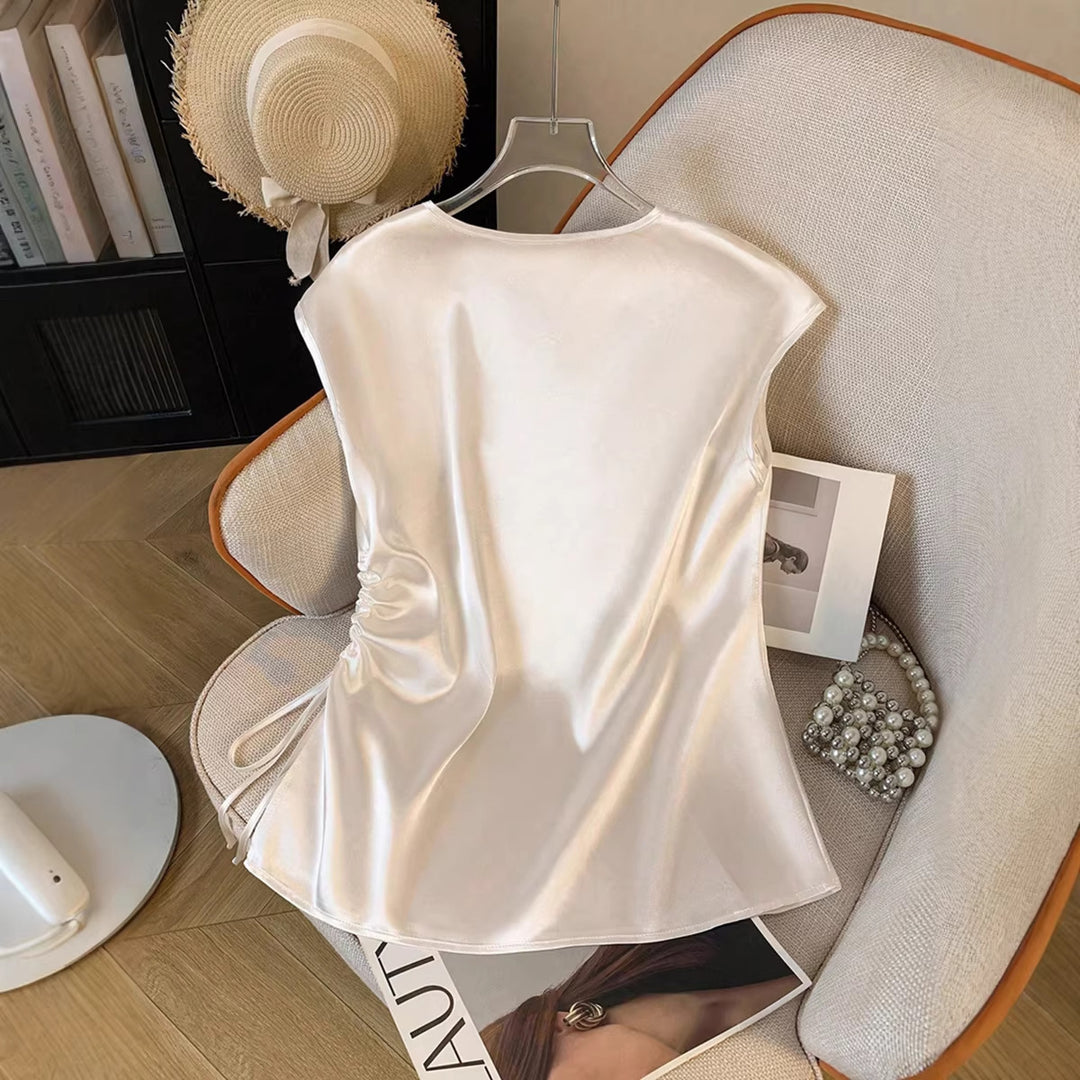 Damen Satinbluse mit seitlichem Kordelzug und V-Ausschnitt Drune
