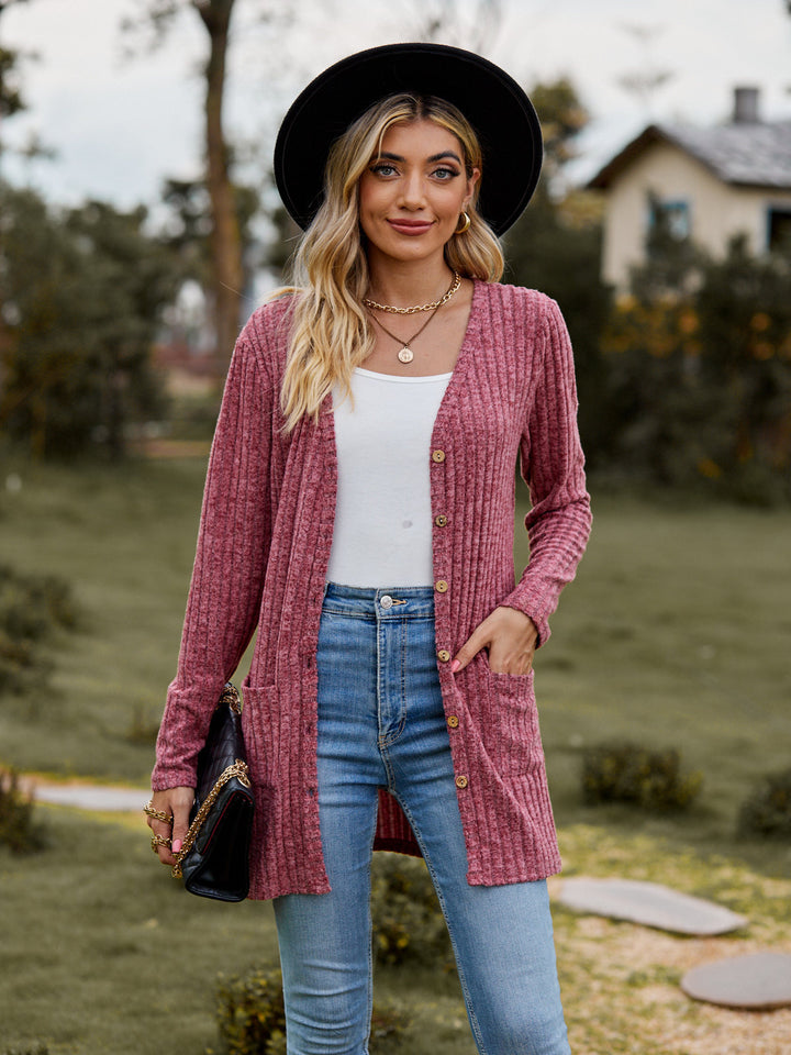 Damen Strickjacke mit vertikalem Rippenmuster und Taschen Drune