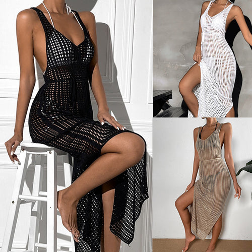 Damen Häkel-Maxikleid mit tiefem Schlitz und eleganten Details Drune