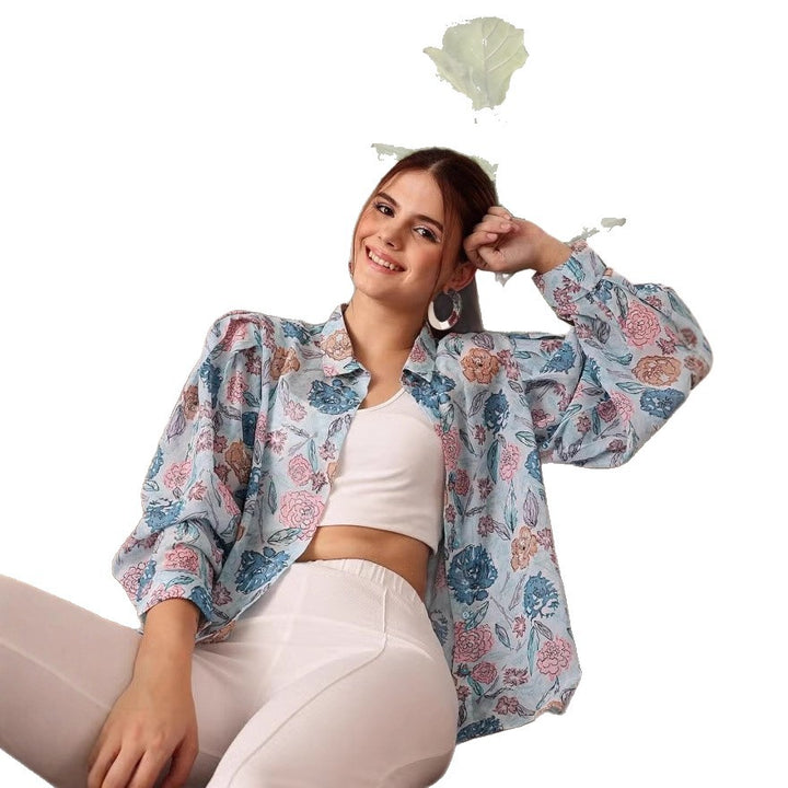 Damen leicht transparente Chiffonjacke mit floralen Motiven und ballonartigen Ärmeln Drune