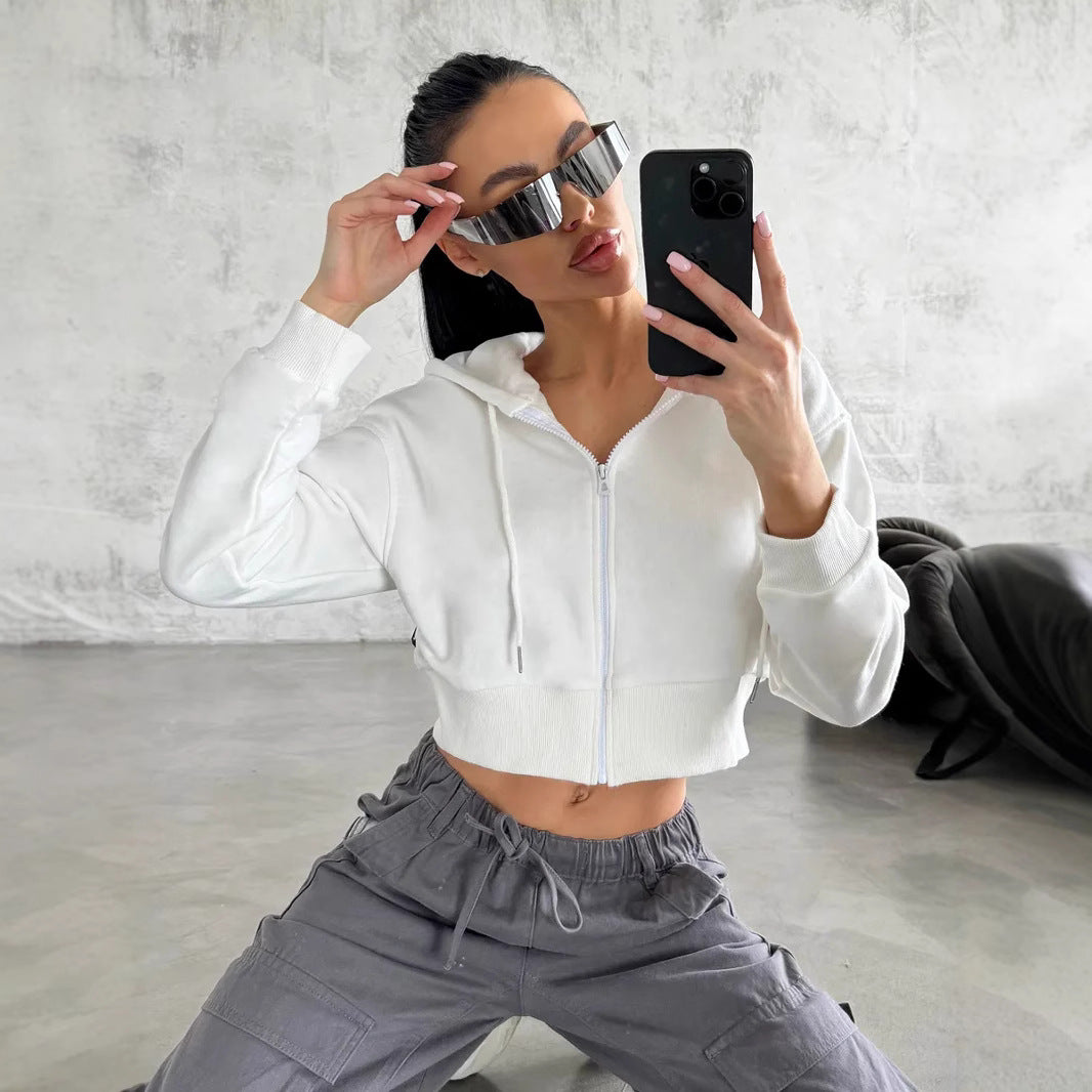 Damen Sportliches cropped Zip-Hoodie mit Kängurutasche und weiten Ärmeln Drune