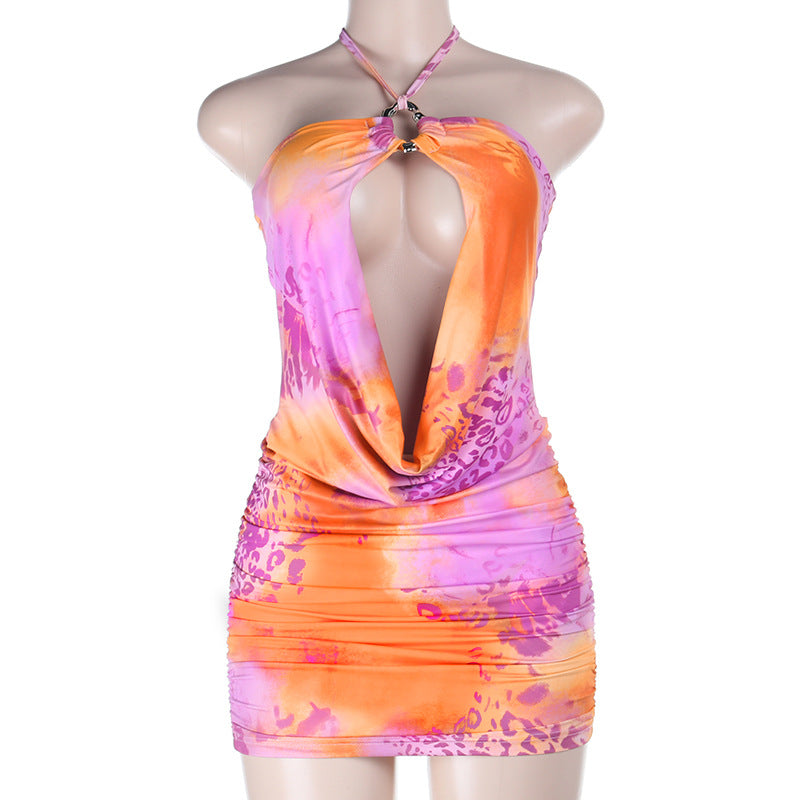 Damen sexy Minikleid mit tiefem V-Ausschnitt und asymmetrischem Saum Drune
