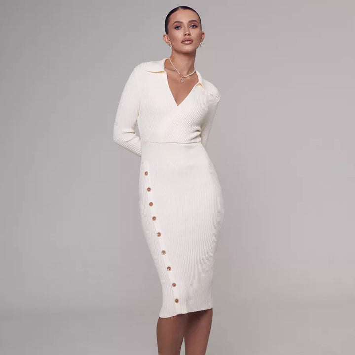 Damen Strickkleid mit Knopfdetails und elegantem V-Ausschnitt Drune