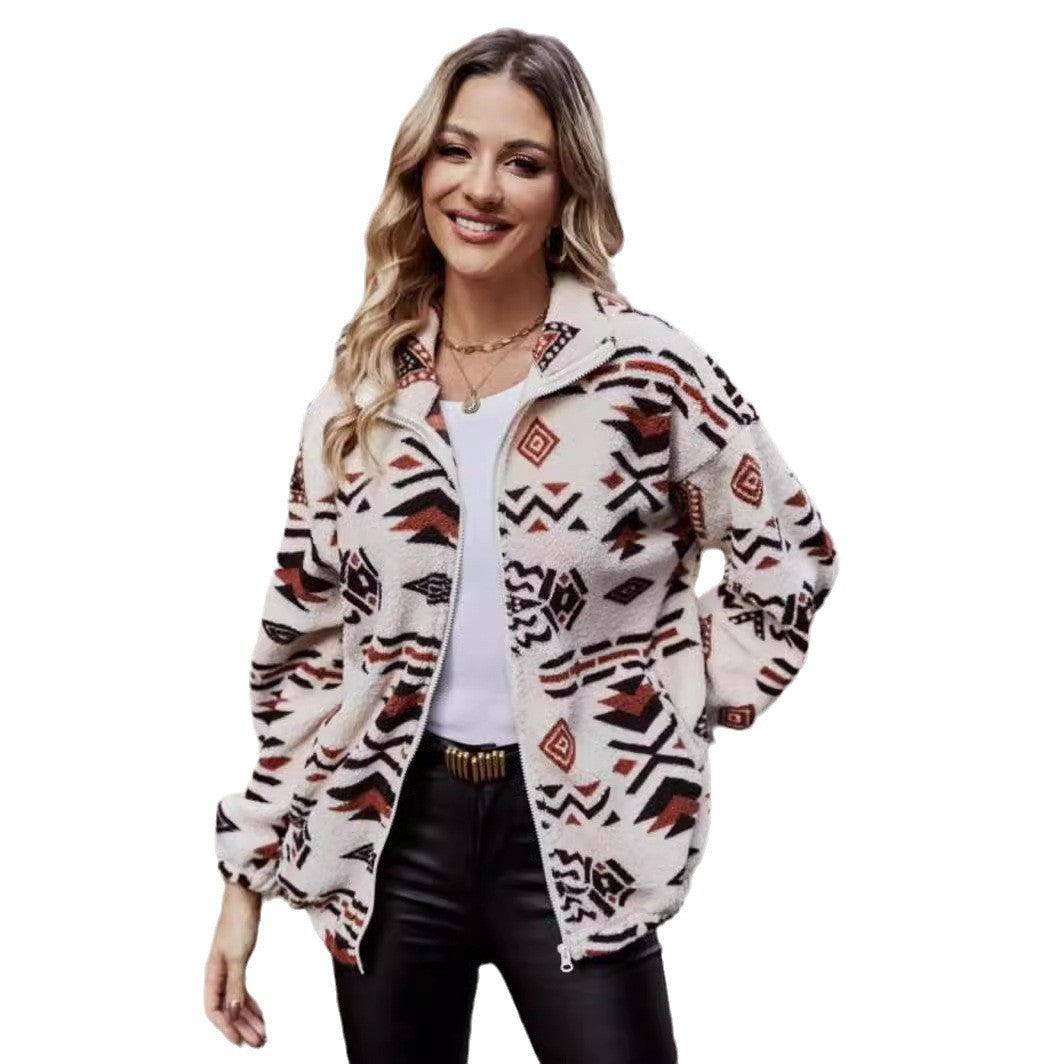 Damen Plüschjacke mit ethnischem Muster und kurzer Reißverschluss Drune