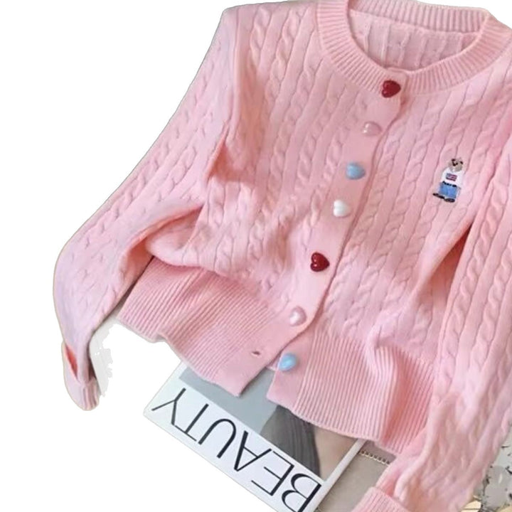 Damen modische Strickjacke mit Herzknöpfen und durchgehendem Muster Drune