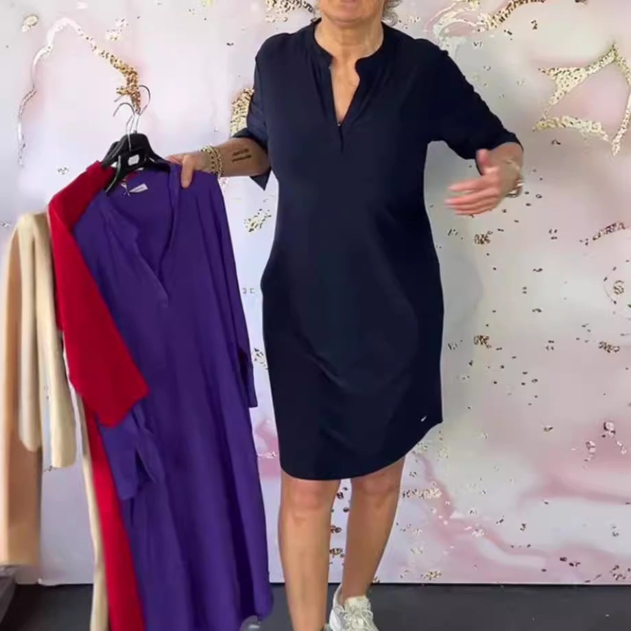 Damen nan knielanges legeres Jerseykleid mit Stehkragen und V-Ausschnitt Drune