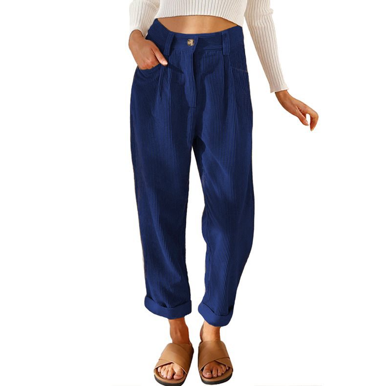 Damen Bequeme und elegante Hochtaillierte Hose mit feinem Rippmuster Drune