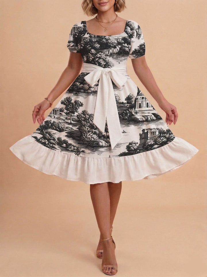 Damen Retro Maxikleid mit Puffärmeln und Taillengürtel Drune