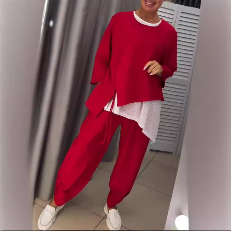 Damen Lässiges zwei-teiliges Freizeit-Set mit asymmetrischem Oberteil und bequemen Hosen Drune