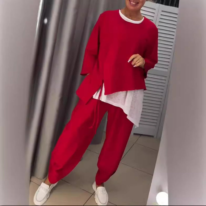 Damen Lässiges zwei-teiliges Freizeit-Set mit asymmetrischem Oberteil und bequemen Hosen Drune
