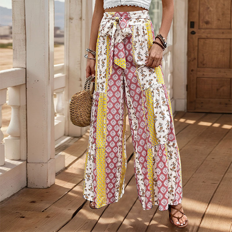 Damen weite Palazzo-Hose mit floralem Muster und elastischem Taillenzug Drune