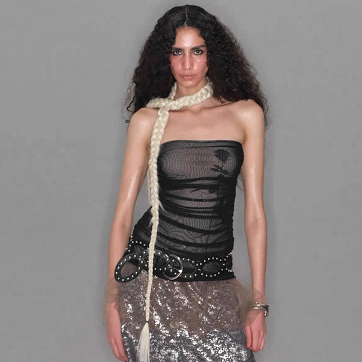 Damen Bandeau-Top mit Raffung und transparentem Stoff Drune