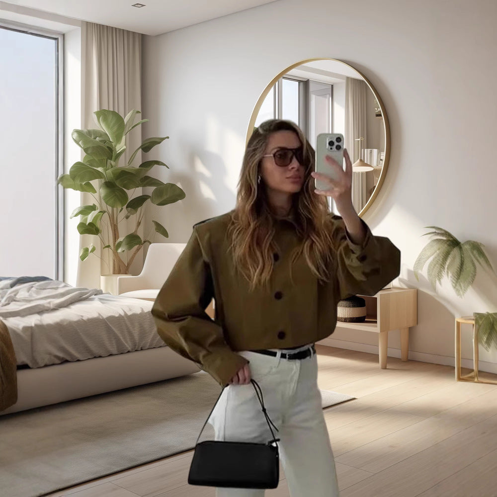 Damen Modische Oversized-Jacke mit strukturierten Ärmeln und Knopfdetail Drune