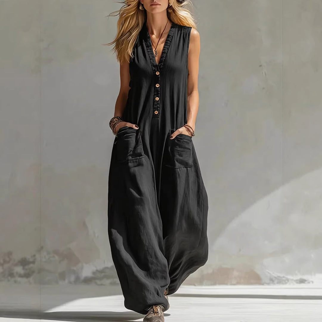 Damen Jumpsuit mit tiefem V-Ausschnitt und praktischen Taschen Drune