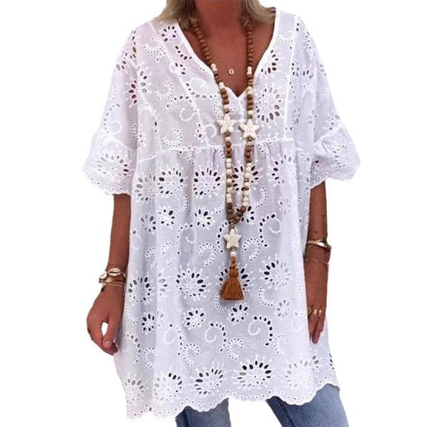 Damen Bluse mit floralen Stickereien und weiten Ärmeln Drune