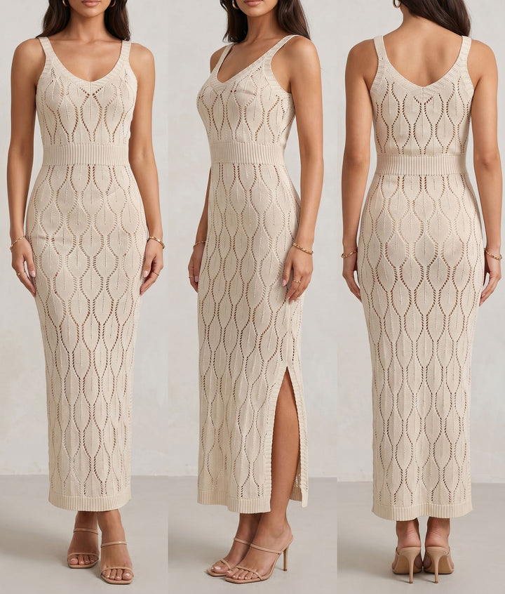 Damen elegantes Strick-Maxikleid mit seitlichen Schlitzen Drune