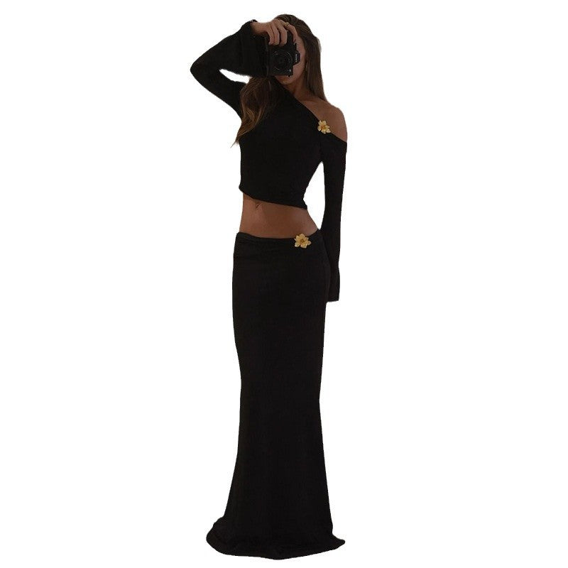 Damen Maxi-Rock mit asymmetrischem Oberteil und eleganten Trompetenärmeln Drune
