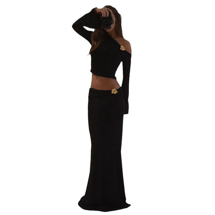 Damen Maxi-Rock mit asymmetrischem Oberteil und eleganten Trompetenärmeln Drune