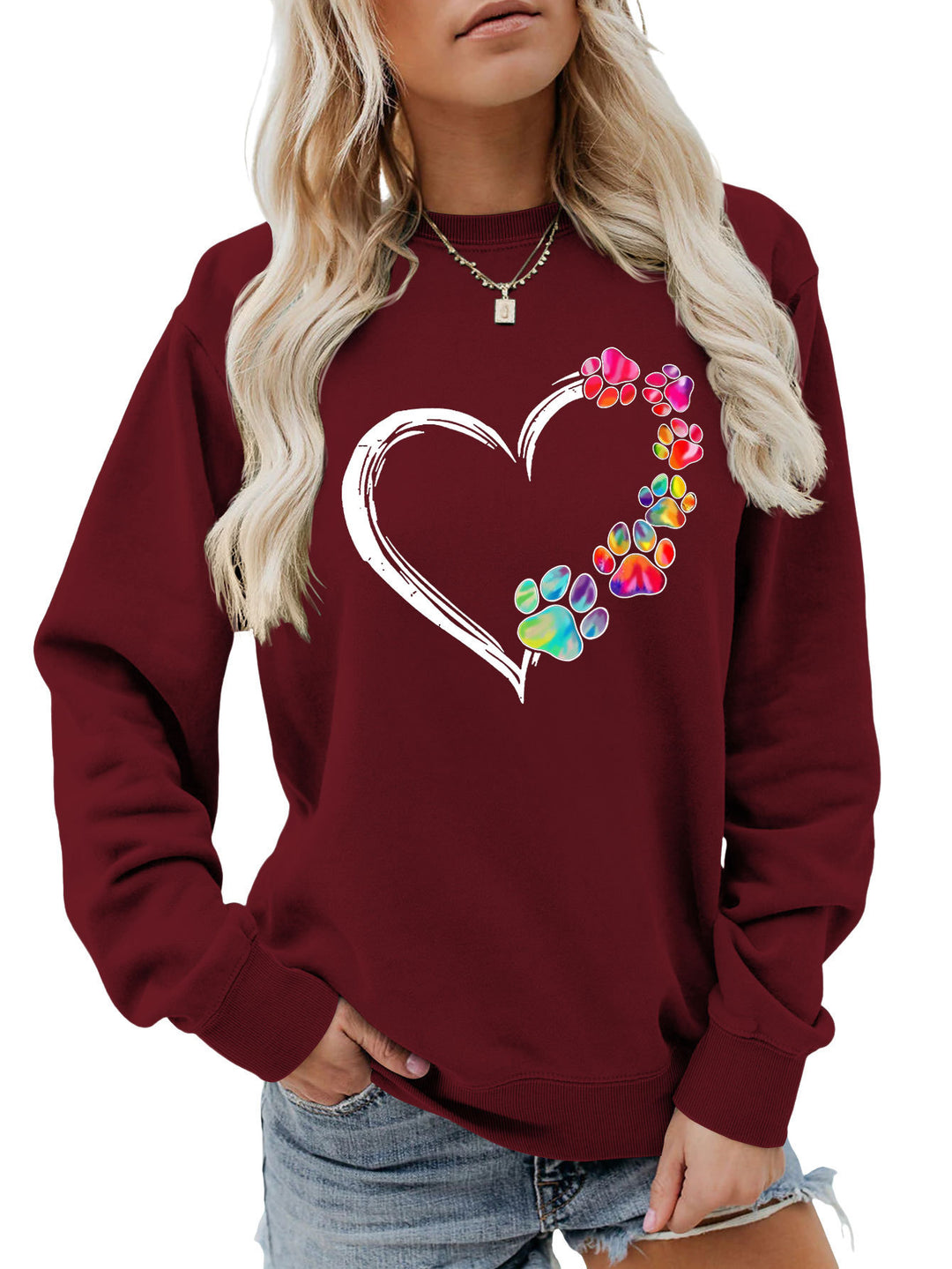 Damen Sweatshirt mit kreativem Pfotenherz-Design Drune