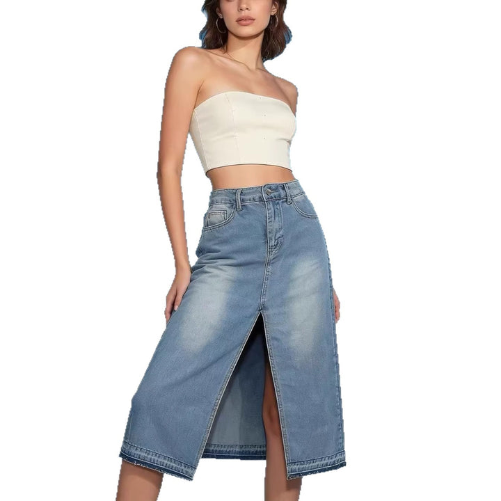 Damen Midi-Denim-Rock mit hohem Schlitz und fransigem Saum Drune