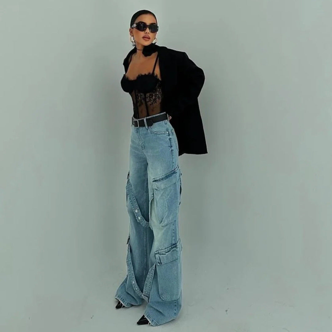 Damen Cargo-Jeans mit einzigartigen Applikationen und auffälligem Design Drune