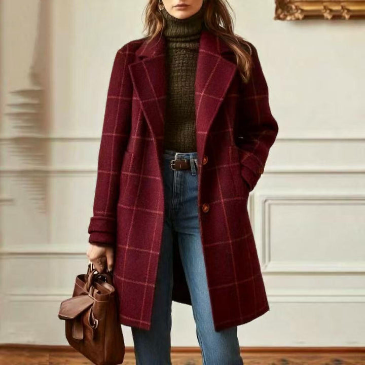 Damen nan karierter Wollmix Mantel mit Reverskragen, aufgesetzten Taschen und taillierter Silhouette Drune