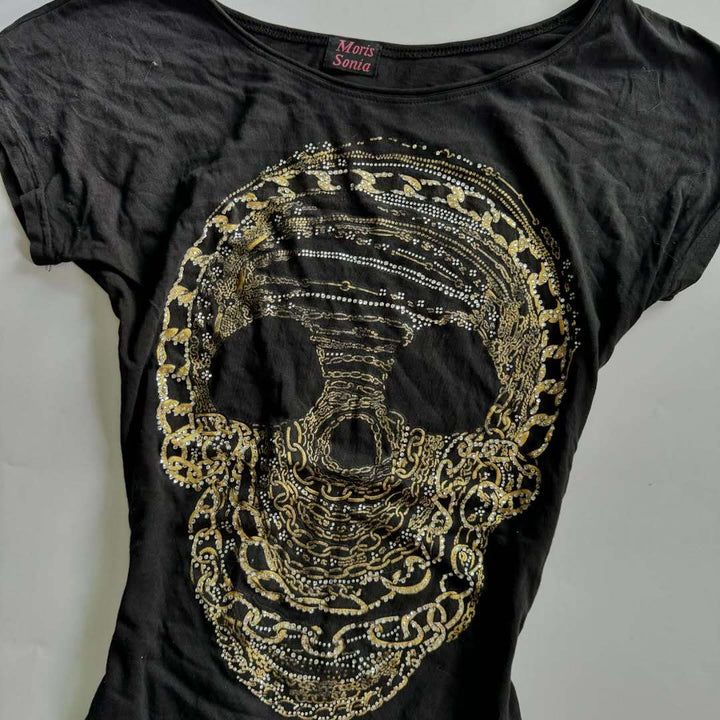 Damen T-Shirt mit schickem Skelettmotiv und Glitzerakzenten Drune