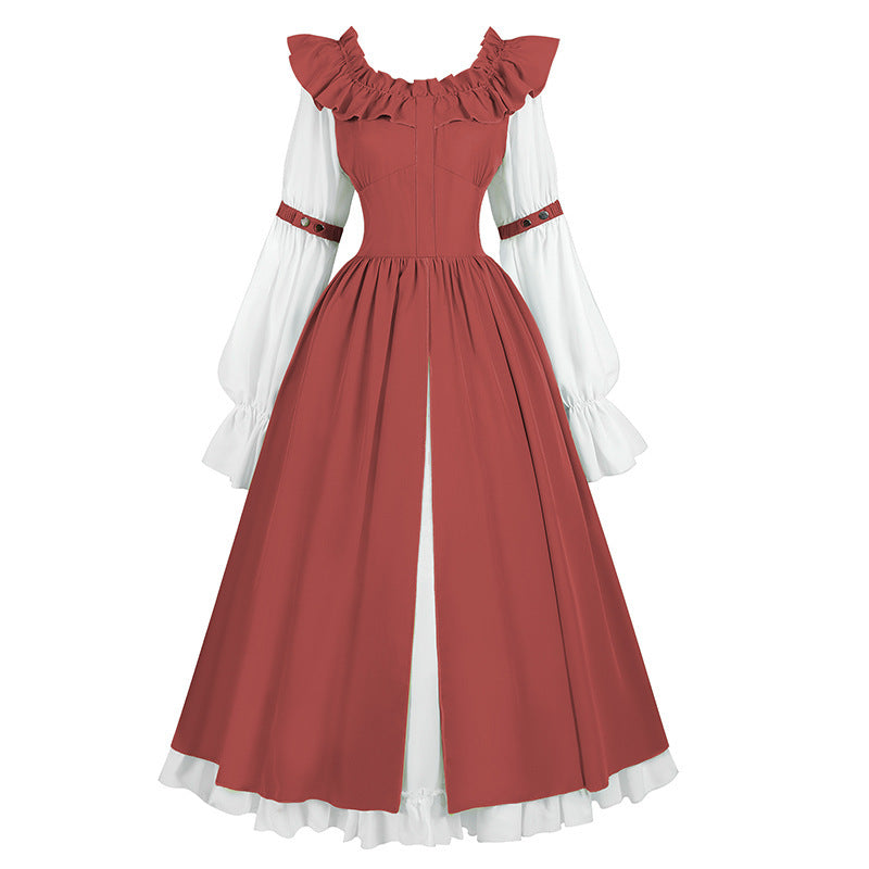 Damen nan romantisches viktorianisches Kleid mit Rüschenkragen, taillierter Korsagenoptik und ausgestelltem Tellerrock Drune