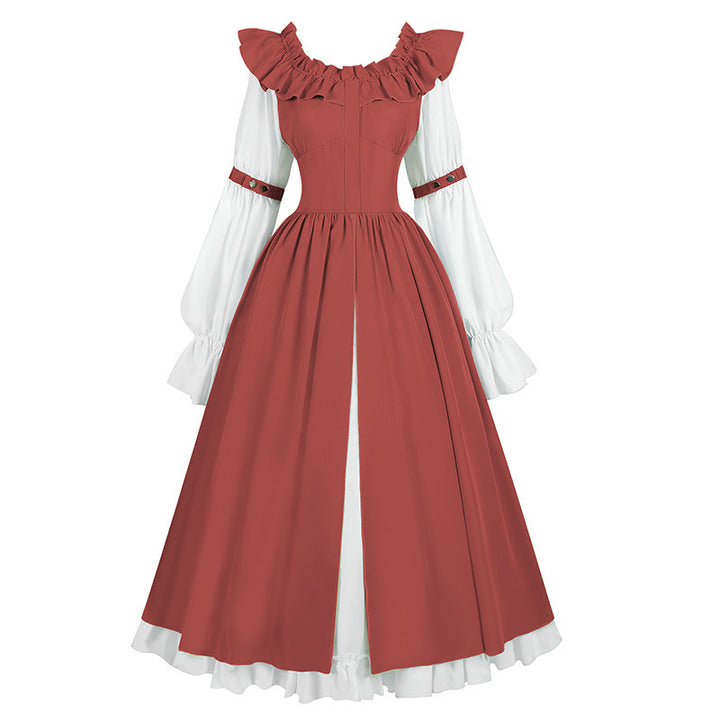 Damen nan romantisches viktorianisches Kleid mit Rüschenkragen, taillierter Korsagenoptik und ausgestelltem Tellerrock Drune