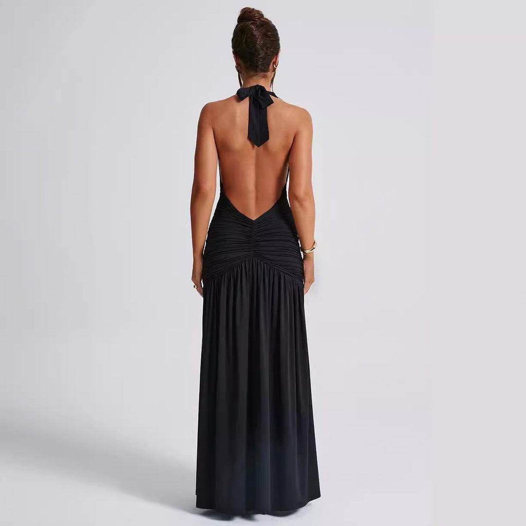 Damen Maxikleid mit tiefem V-Ausschnitt und Rüschen Drune