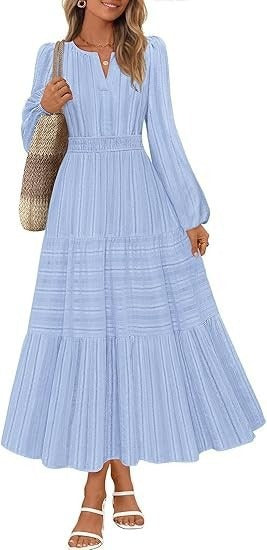 Damen Maxikleid mit eleganten Puffärmeln und gesmoktem Taillenbereich Drune