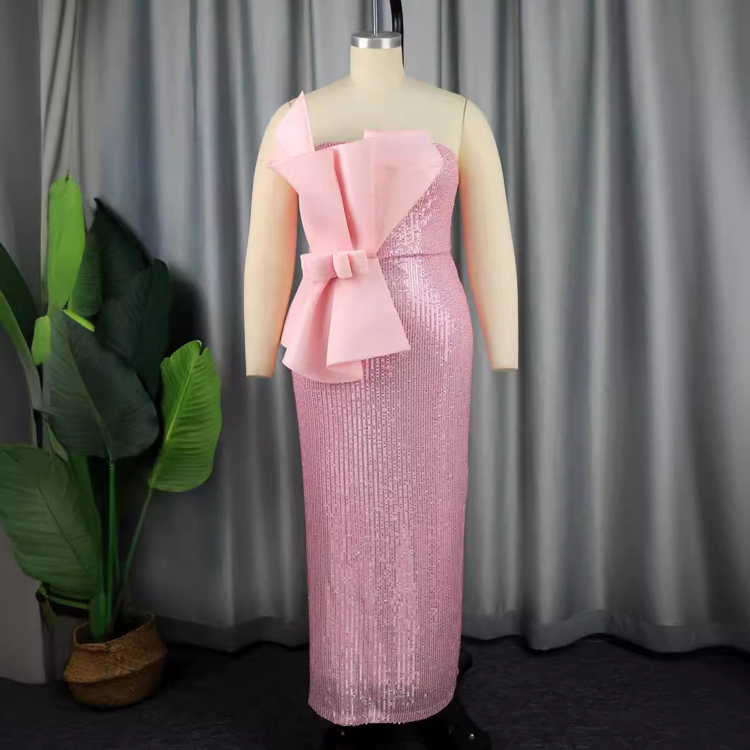 Damen Glitzerndes Abendkleid mit asymmetrischem Design und imposanter Schleifenapplikation Drune