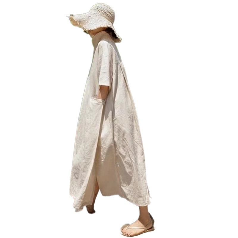 Damen Langarm-Wickelkleid aus Leinen mit bindbarem Taillenzug Drune