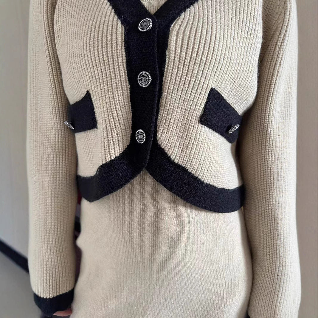 Damen modische Strickjacke mit Kontrastdetails und Taschen Drune