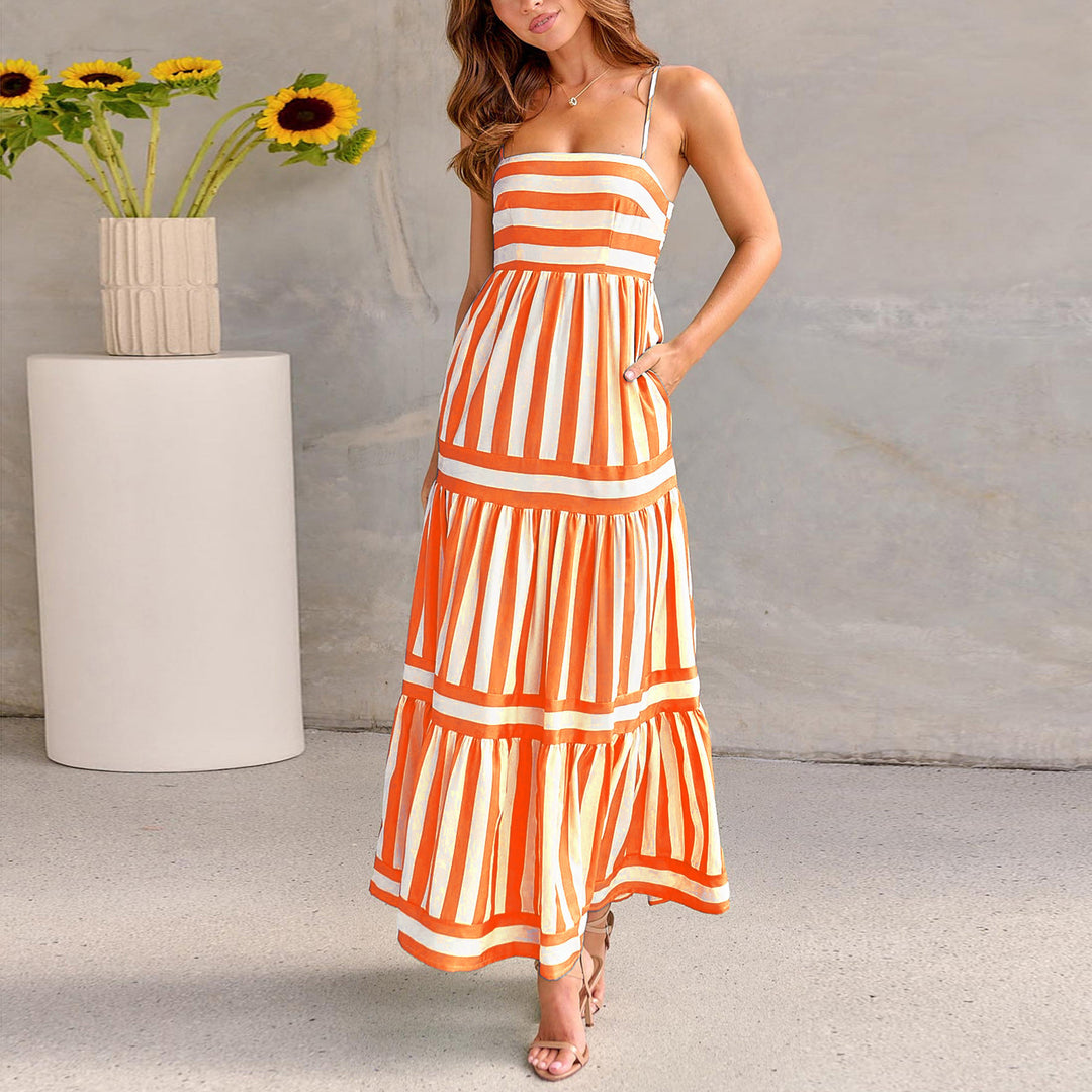Damen Maxi-Kleid mit Streifenmuster und tiefem Ausschnitt Drune